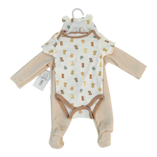 Conjunto Acüchichi de 4 piezas para bebé con body estampado de animales, chaqueta, pantalón con pie y gorro con orejas