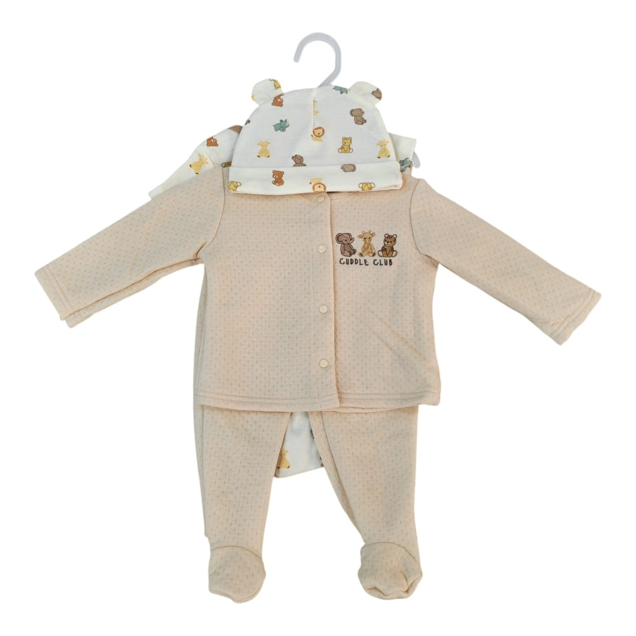 Conjunto de 4 piezas Acüchichi para bebé en color beige con estampado de animales y gorrito con orejitas