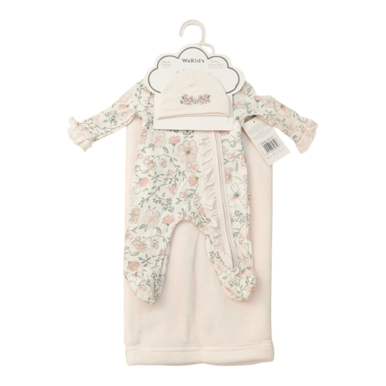 Conjunto Acüchichi de tres piezas para bebé con mameluco floral, gorrito y manta rosa suave de textura aterciopelada.