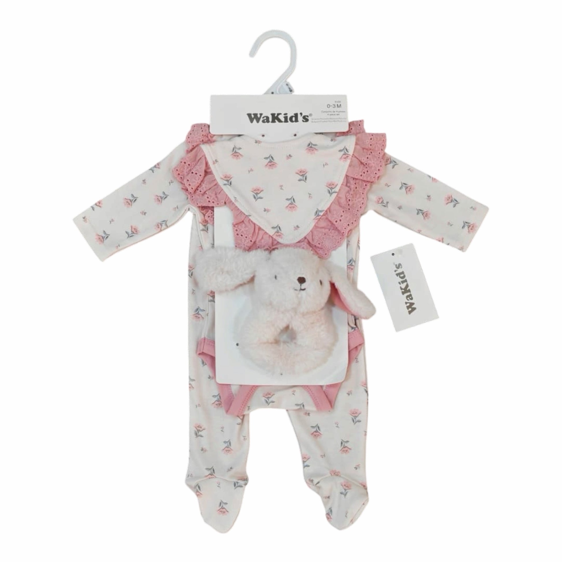 Conjunto Acüchichi de 3 piezas para bebé con mameluco floral, babero con volantes rosas y sonajero de conejito