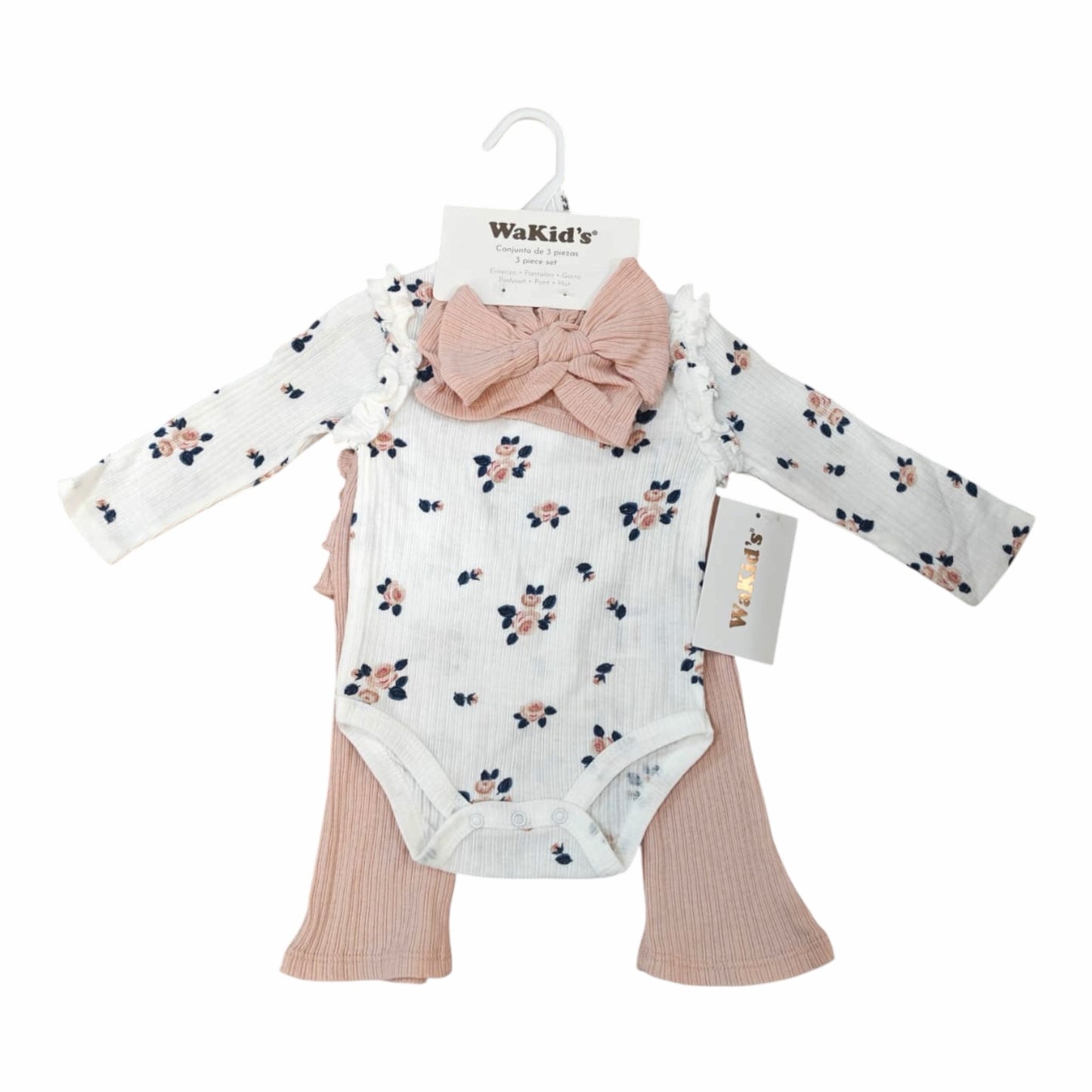 Conjunto de 3 piezas Acüchichi para bebé con body floral, leggings acanalados rosa y diadema con lazo a juego.