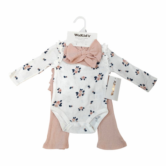 Conjunto de 3 piezas Acüchichi para bebé con body floral, leggings acanalados rosa y diadema con lazo a juego.