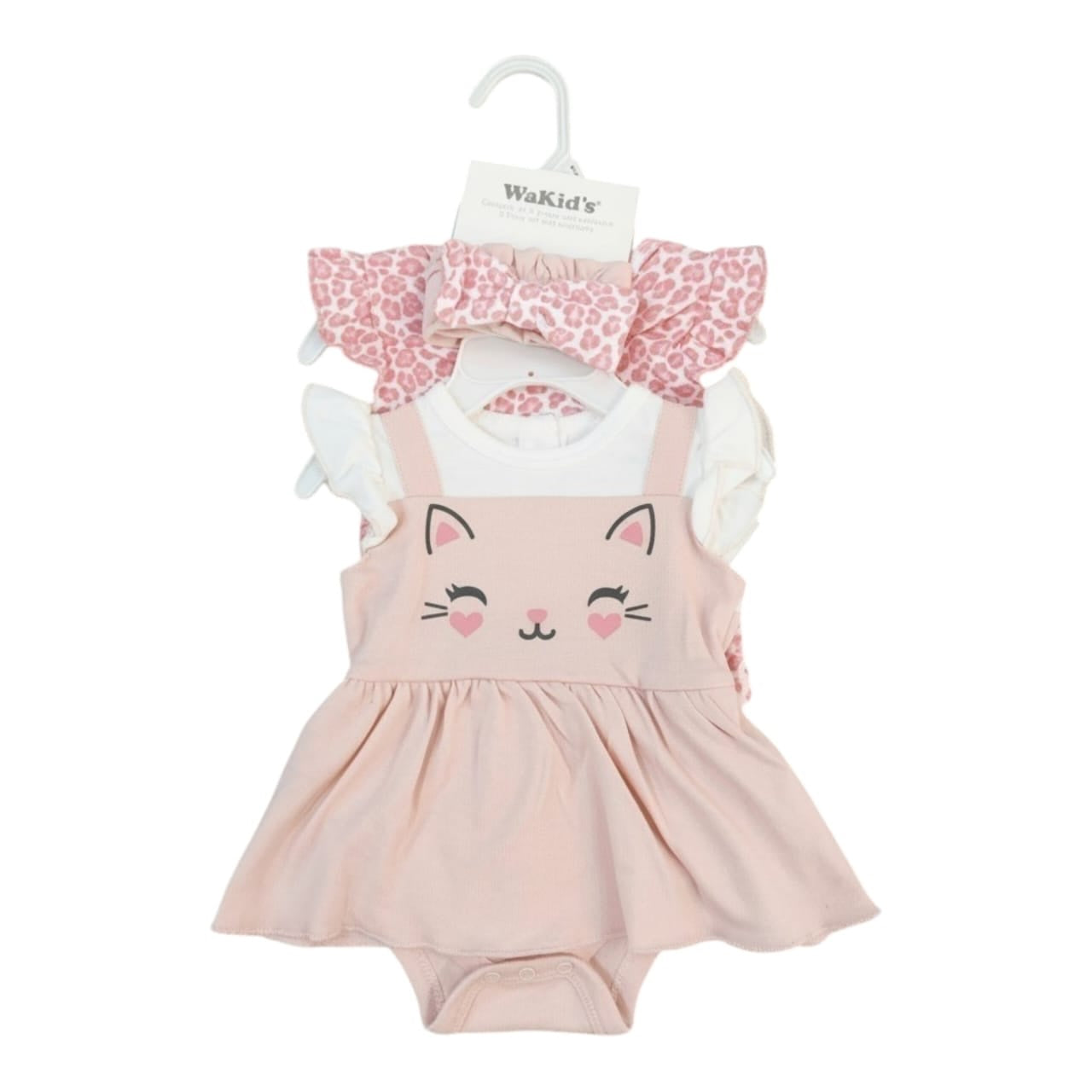 Conjunto Acüchichi de vestido y body rosado para bebé con diseño de gatito, mangas con volantes y diadema de leopardo.
