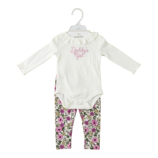 Conjunto Acüchichi de tres piezas para bebé niña con body blanco de volantes y legging de estampado floral colorido