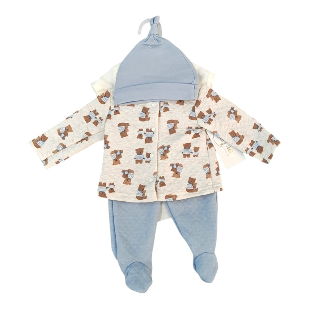 Conjunto de 4 piezas para bebé Acüchichi en tonos azul y crema con estampado de ositos, incluye gorro y jogger.