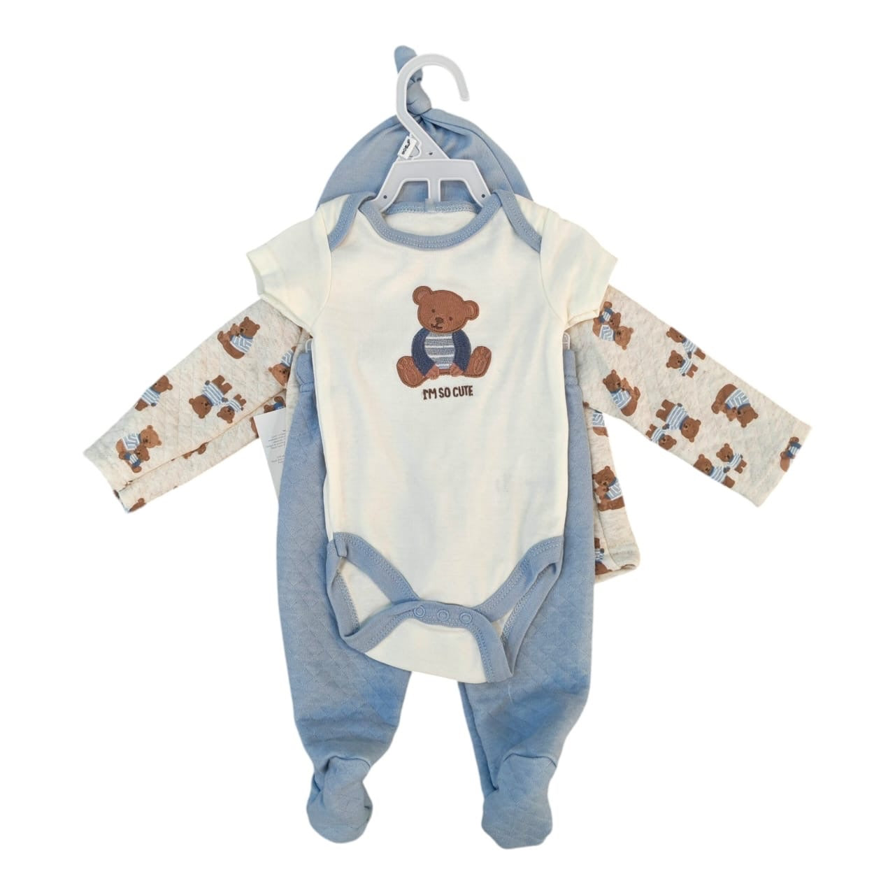 Conjunto de 4 piezas Acüchichi para recién nacido en azul y crema con estampado de ositos y body de algodón suave.