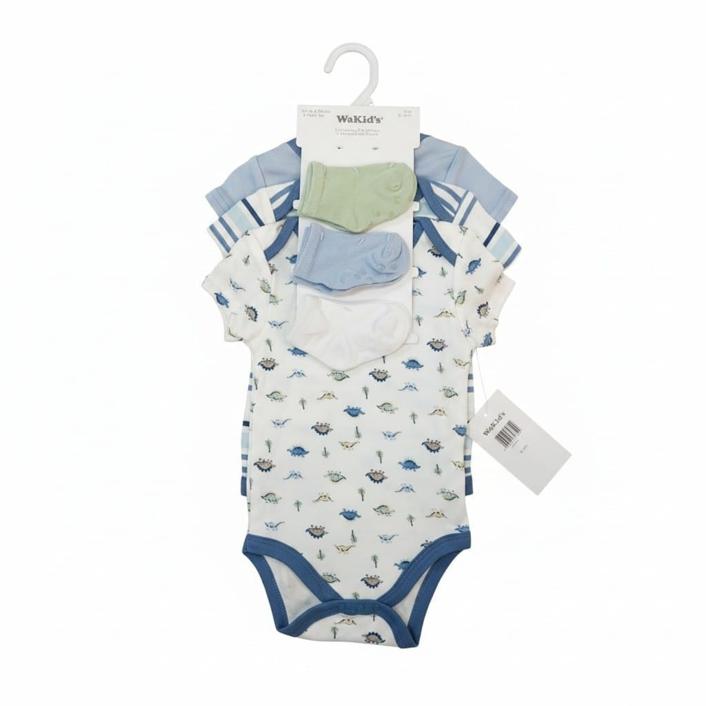 Set de 6 piezas Acüchichi con bodies de algodón estampados de dinosaurios y calcetines en tonos azules y verdes para bebé
