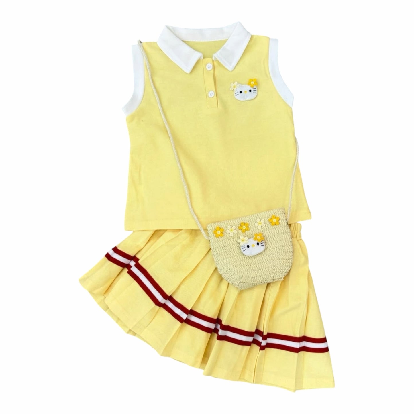 Conjunto Acüchichi para niñas amarillo con blusa polo sin mangas, falda plisada y bolso tejido de Hello Kitty.