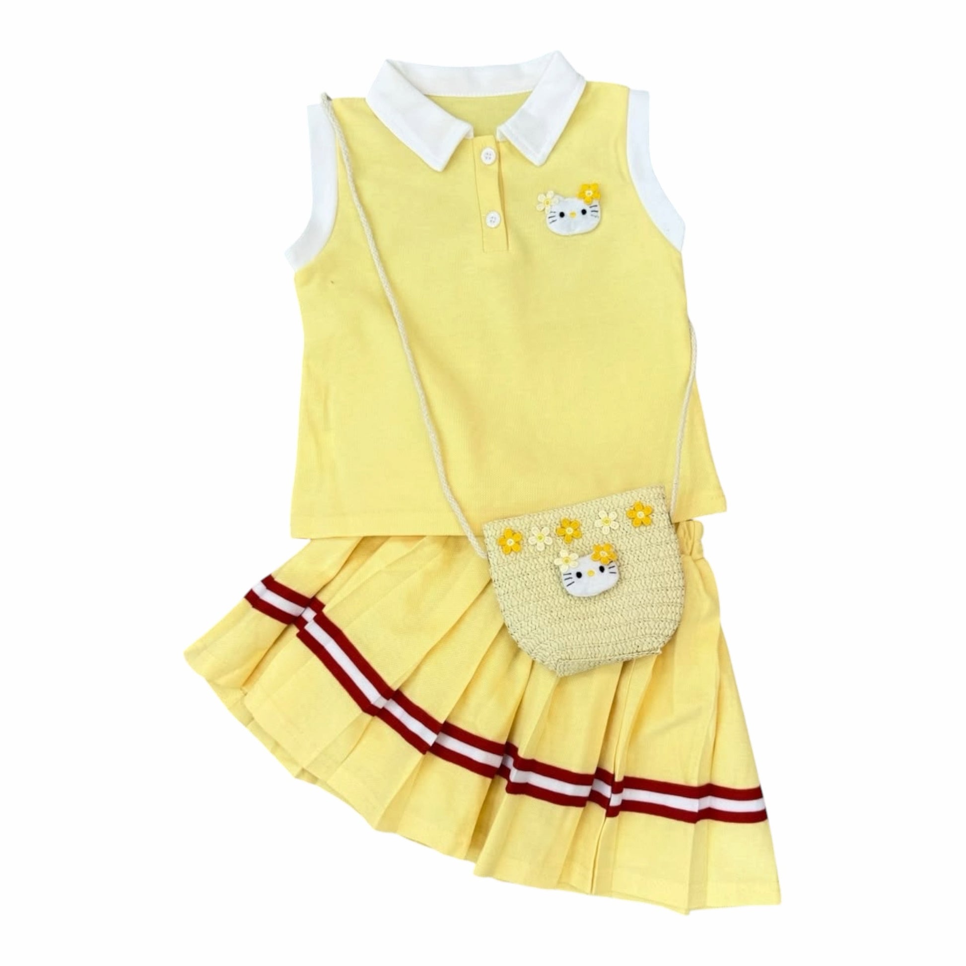 Conjunto Acüchichi para niñas amarillo con blusa polo sin mangas, falda plisada y bolso tejido de Hello Kitty.