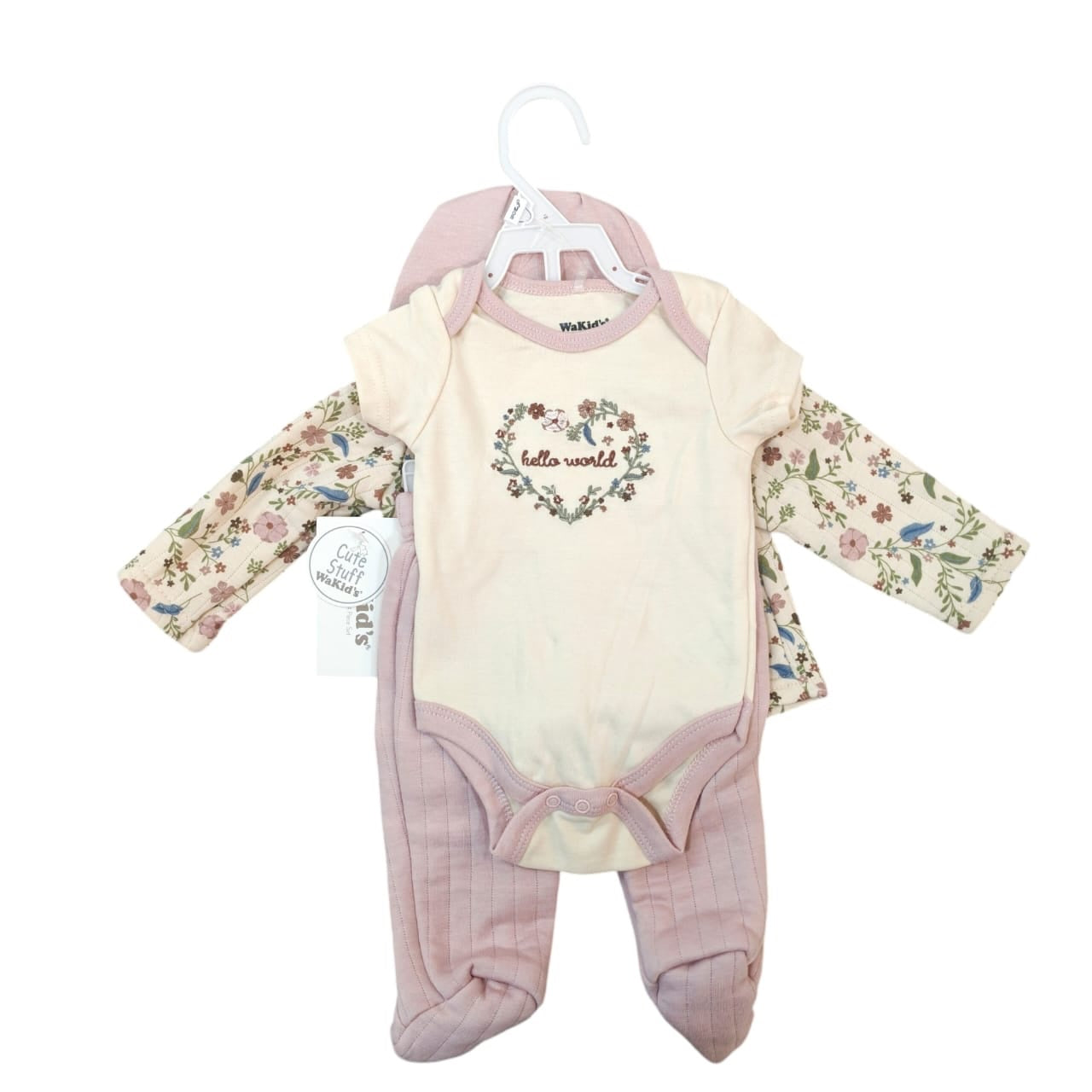 Conjunto de 4 piezas Acüchichi para recién nacida con body crema, chaqueta floral, pantalón rosa y gorrito a juego