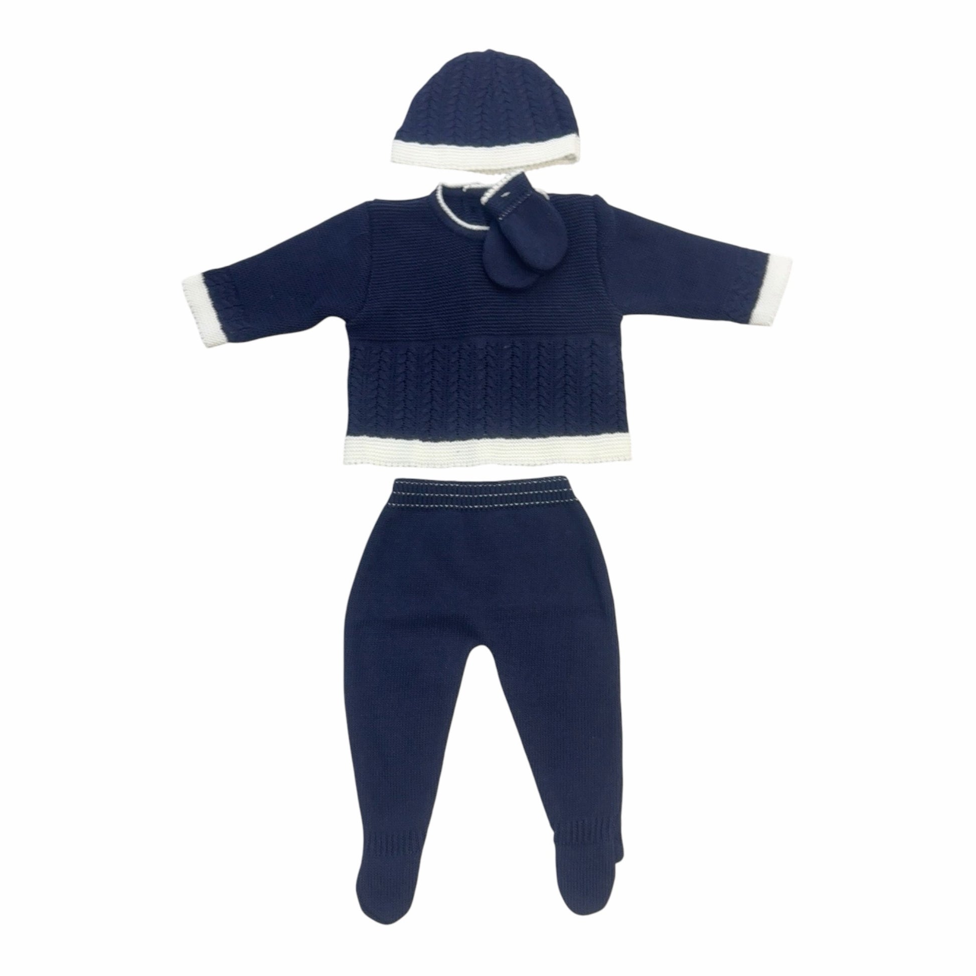 Conjunto de tres piezas Acüchichi para recién nacido en tejido de punto azul marino con detalles en blanco