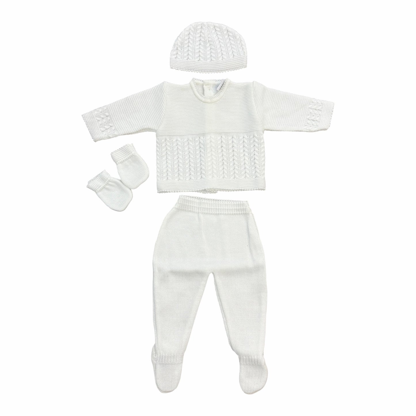 Conjunto Acüchichi de cuatro piezas para bebé recién nacido en tejido blanco con detalles de punto calado