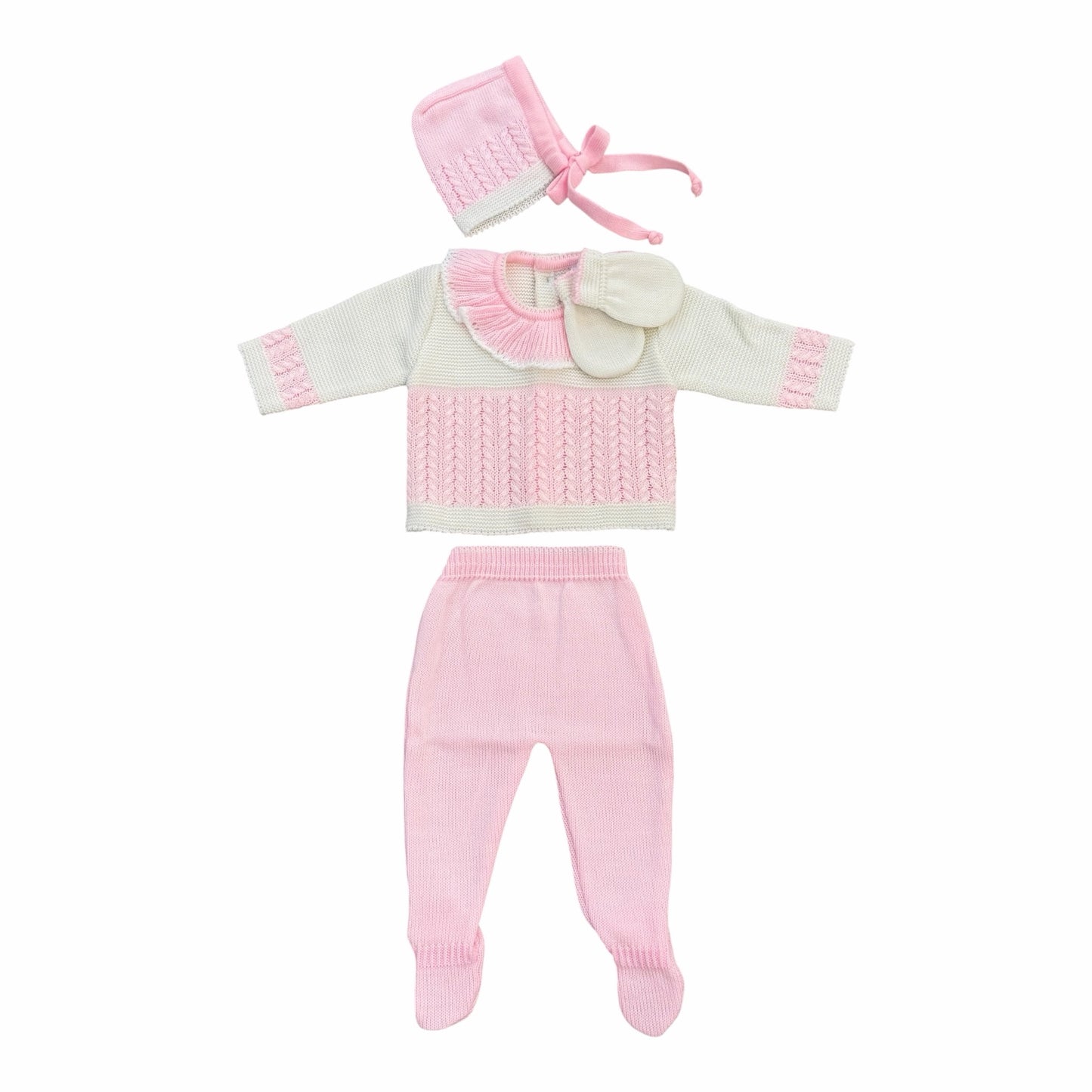 Conjunto de tres piezas Acüchichi para bebé en tejido rosa y blanco con suéter, pantalón con pies y gorrito con lazos.