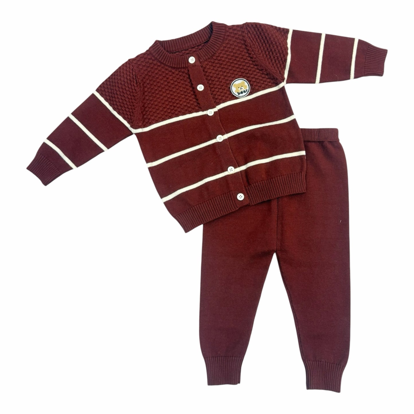 Conjunto Acüchichi de dos piezas para bebé en tejido de punto color vino con rayas, cárdigan con osito y pantalón