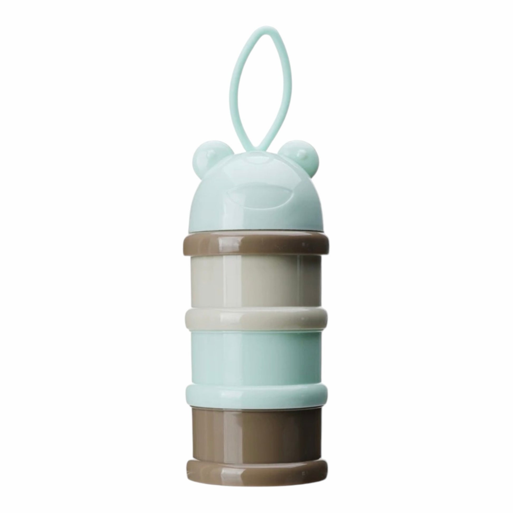 Contenedor apilable Acüchichi de tres niveles en tonos verde menta y marrón con diseño de orejitas para snacks de bebé.