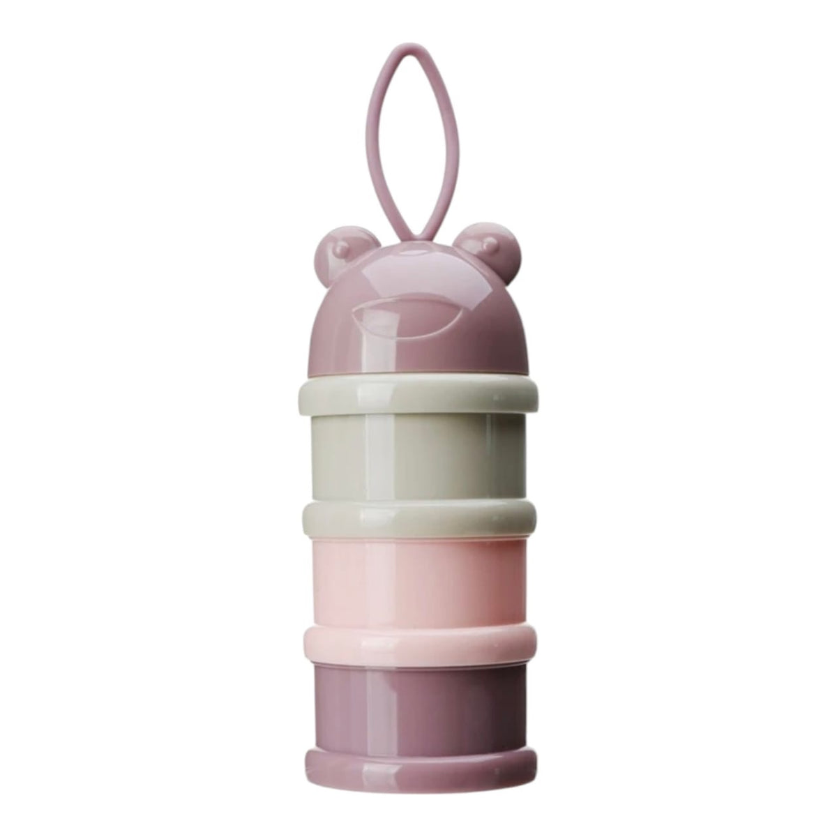 Contenedor apilable Acüchichi de tres niveles para leche o snacks, color rosa y gris con diseño de orejitas y asa.