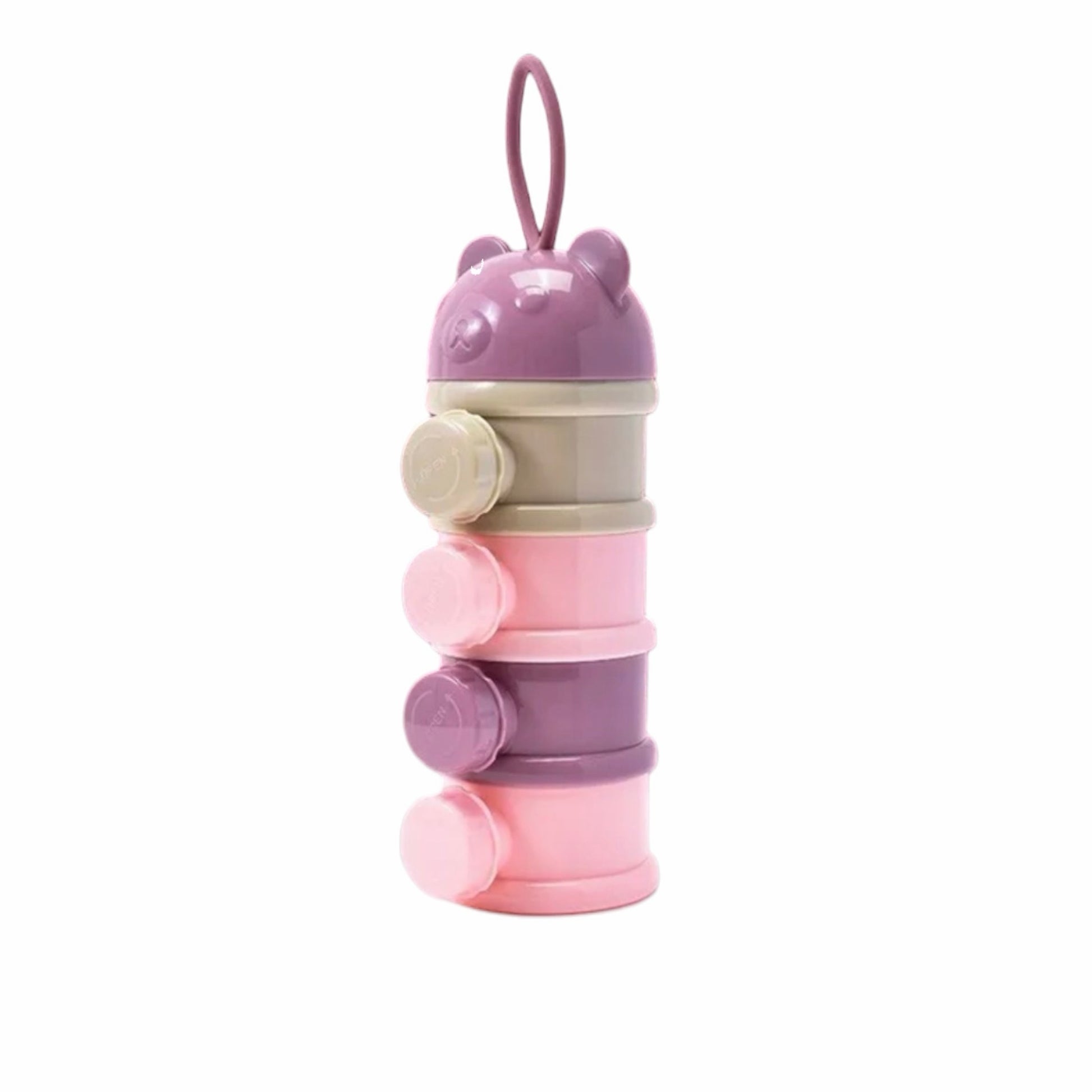 Contenedor apilable Acüchichi de 4 niveles para leche y snacks con diseño de osito en tonos rosa y morado