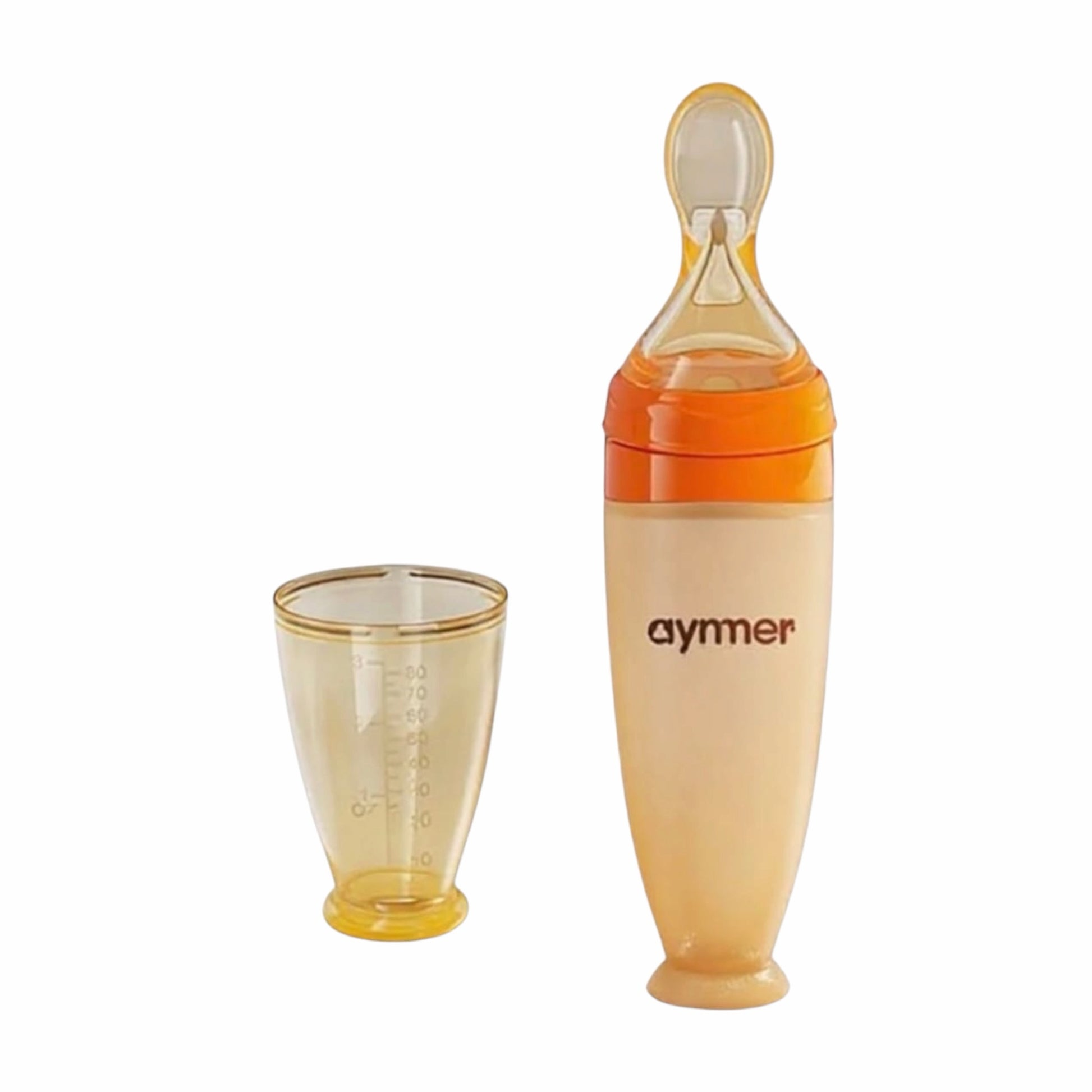 Cuchara dispensadora de alimentos Acüchichi Aymer de silicona color naranja con vaso medidor para bebés