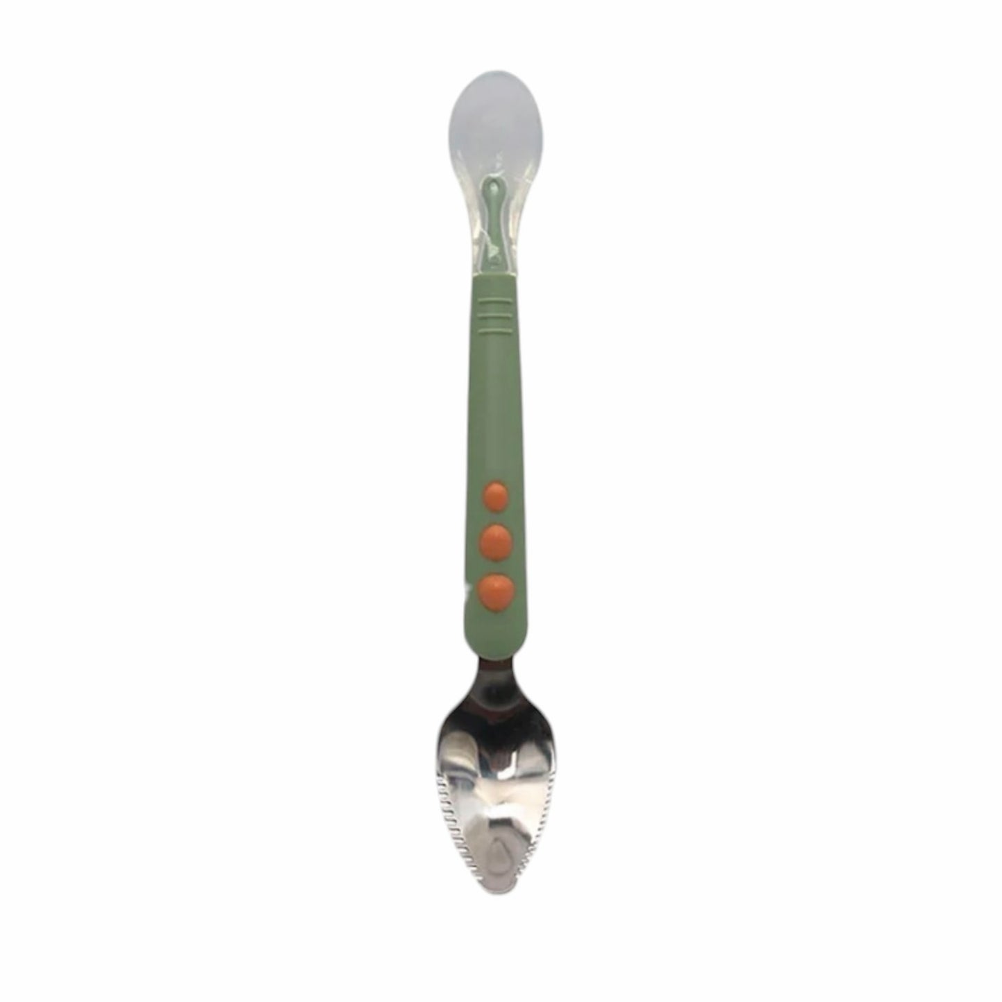 Cuchara doble Acüchichi con punta de silicona suave y extremo de acero inoxidable dentado para alimentación infantil