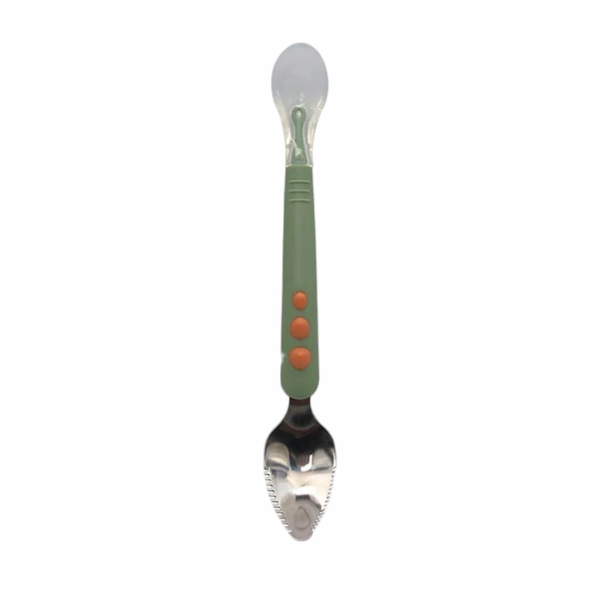 Cuchara doble Acüchichi con punta de silicona suave y extremo de acero inoxidable dentado para alimentación infantil