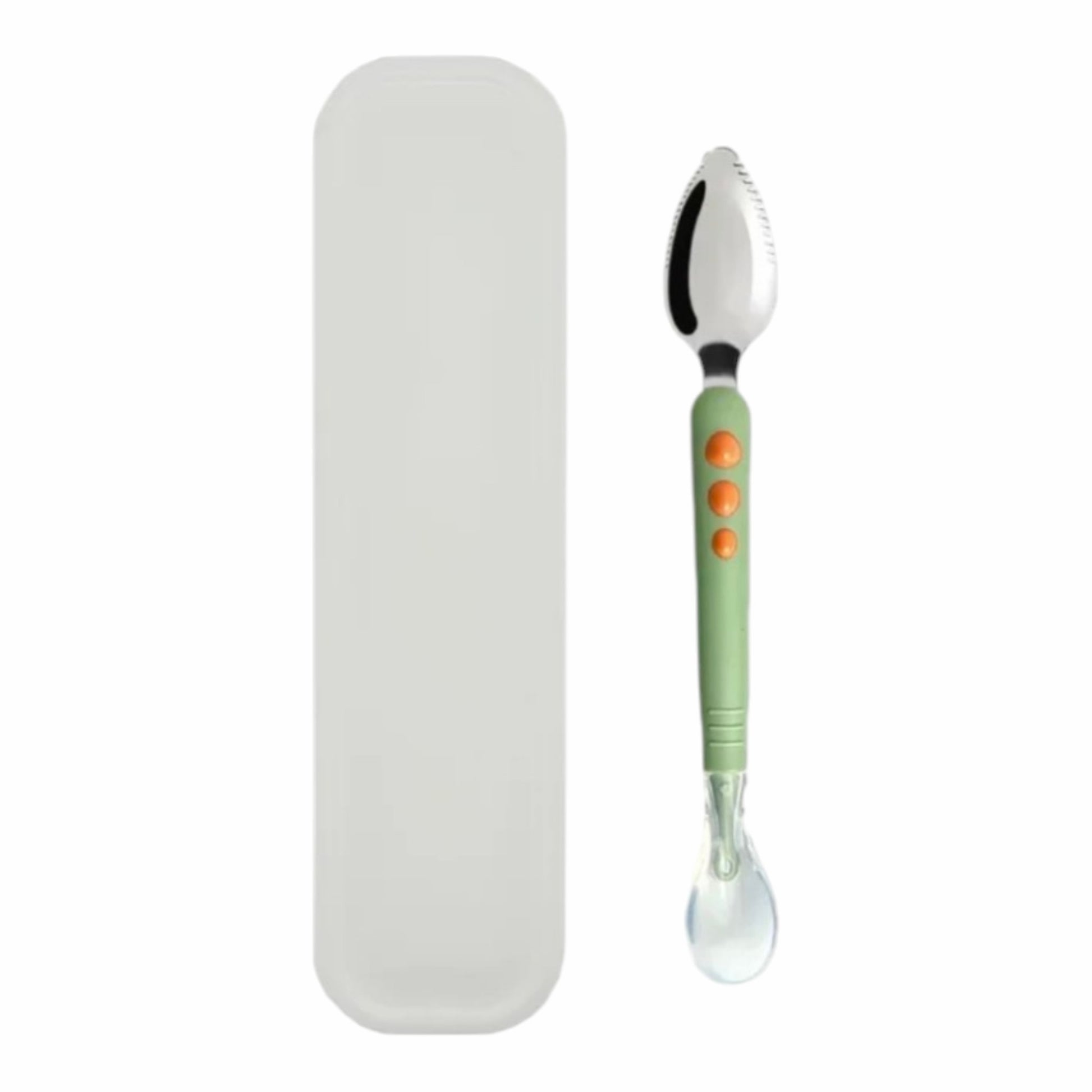 Cuchara doble Acüchichi para bebés con punta de silicona, extremo de acero inoxidable y estuche protector verde.