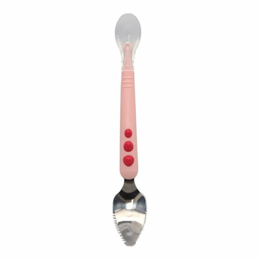 Cuchara doble Acüchichi para bebés con punta de silicona rosa y extremo de acero inoxidable para raspar frutas.