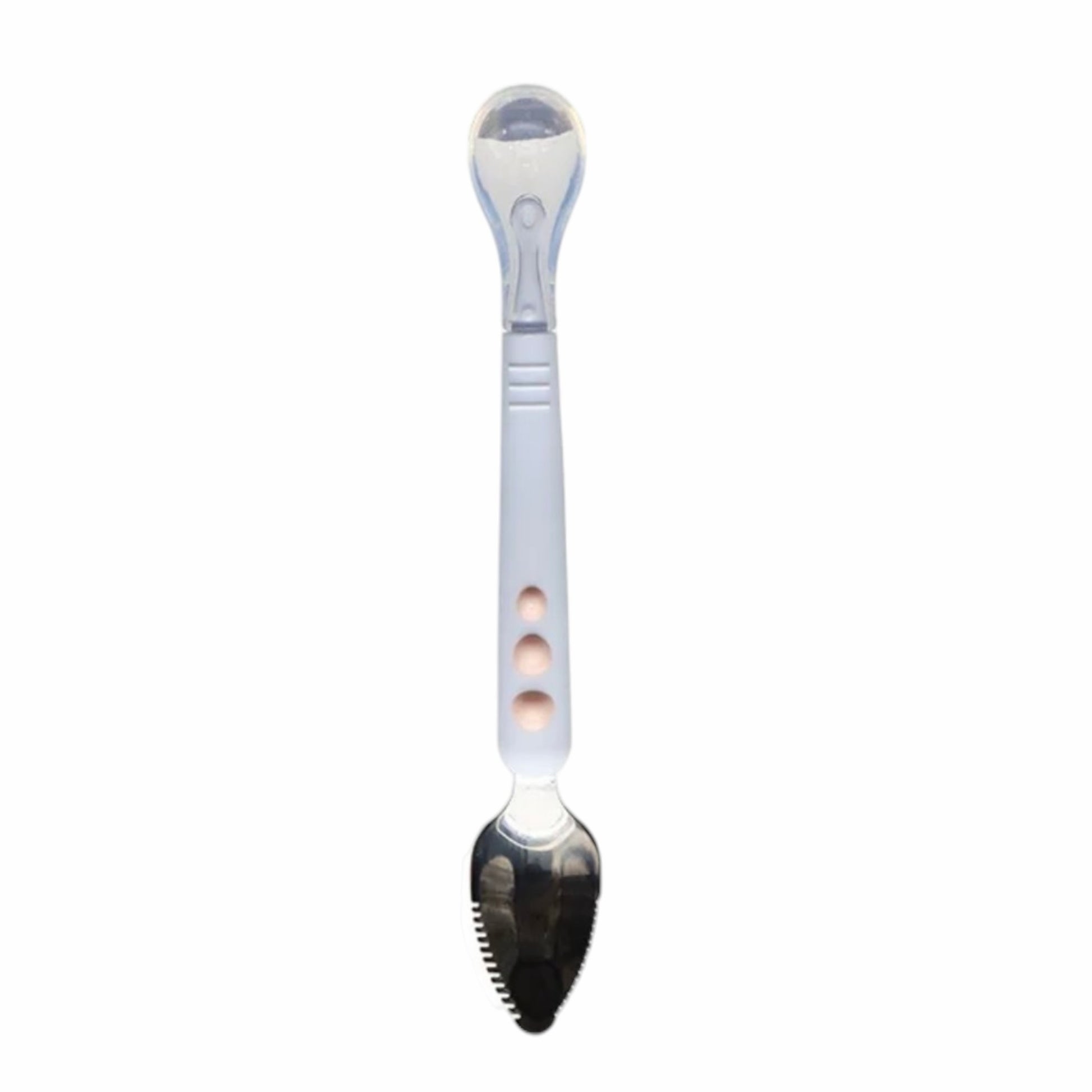 Cuchara doble Acüchichi con punta de silicona suave y extremo de acero inoxidable dentado para alimentación infantil