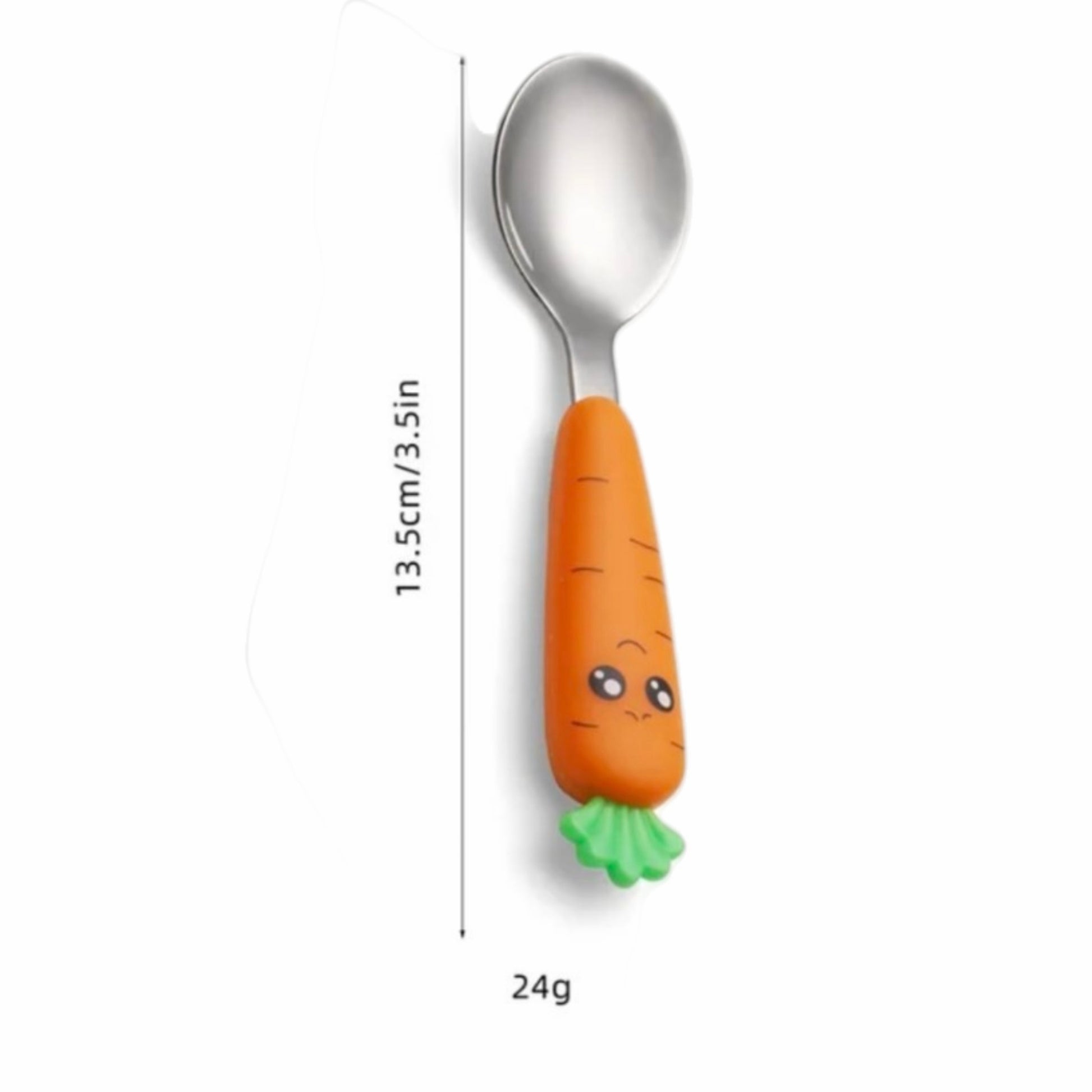 Cuchara infantil Acüchichi de acero inoxidable con mango ergonómico de silicona naranja en forma de zanahoria