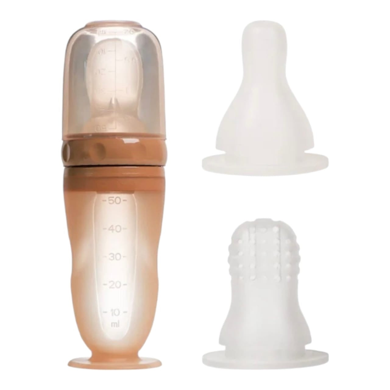 Dispensador de alimentos Acüchichi de silicona con cuchara, tetina y cepillo masajeador para bebés en color beige.