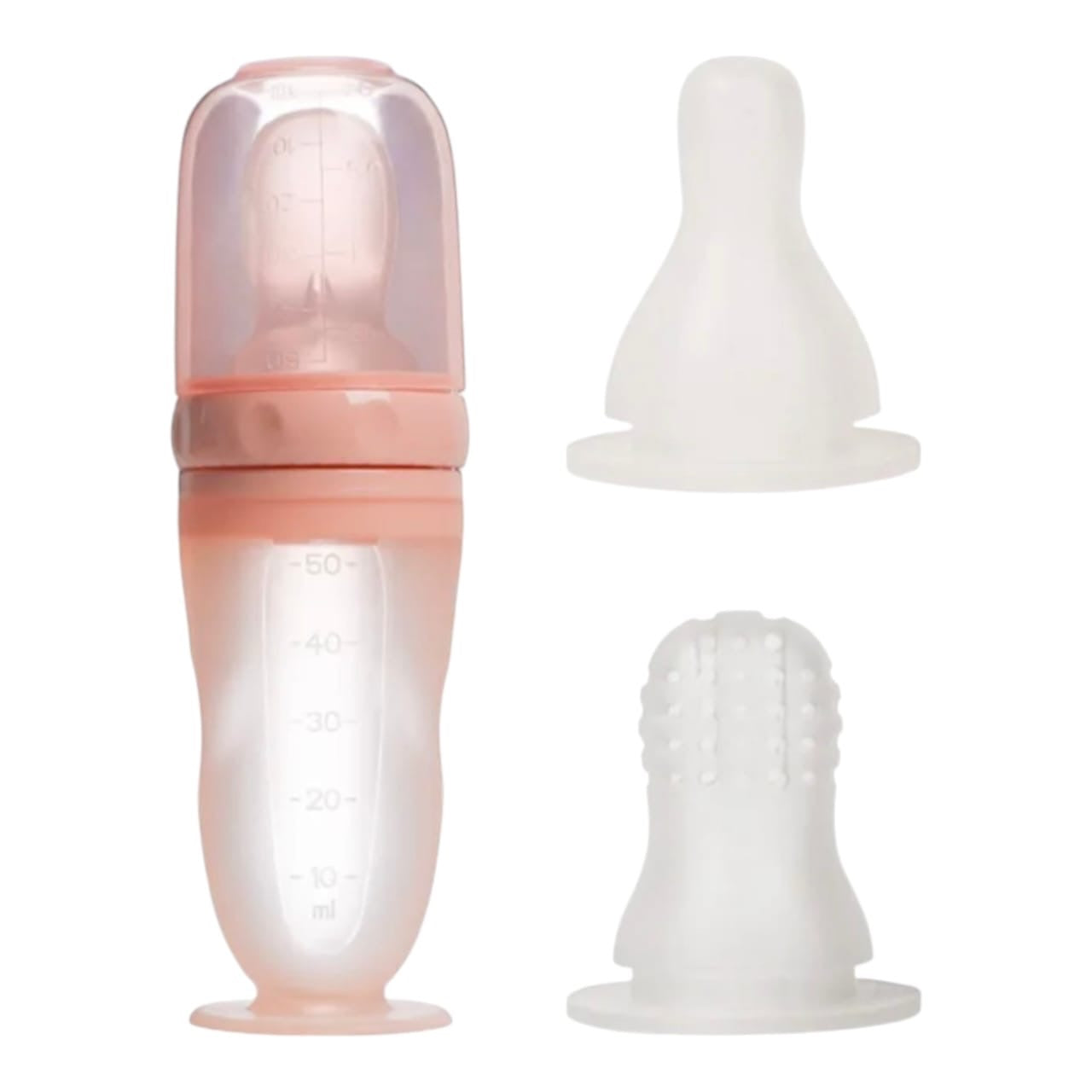 Dispensador de alimentos Acüchichi de silicona rosa con cuchara, tetina y cepillo masajeador para bebés.