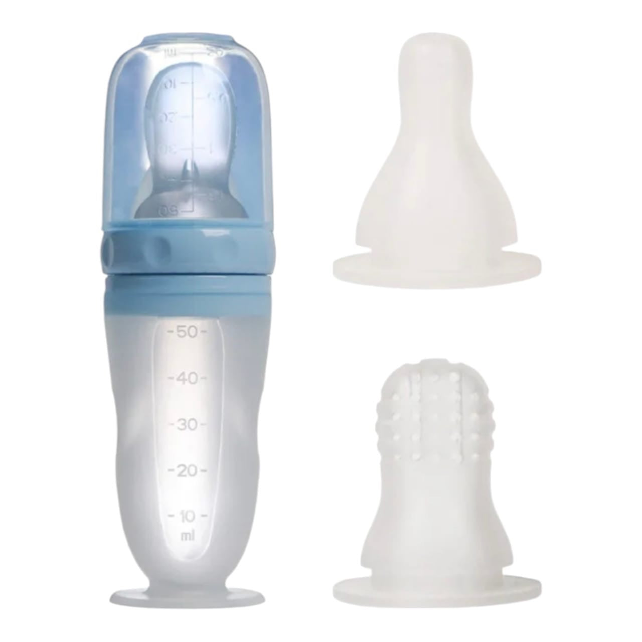 Dispensador de alimentos Acüchichi de silicona azul con accesorios intercambiables para bebés y base de succión.
