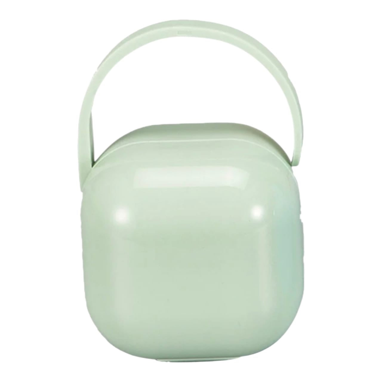 Estuche portátil Acüchichi para chupetes de bebé en color verde menta con asa integrada para colgar en cochecitos.