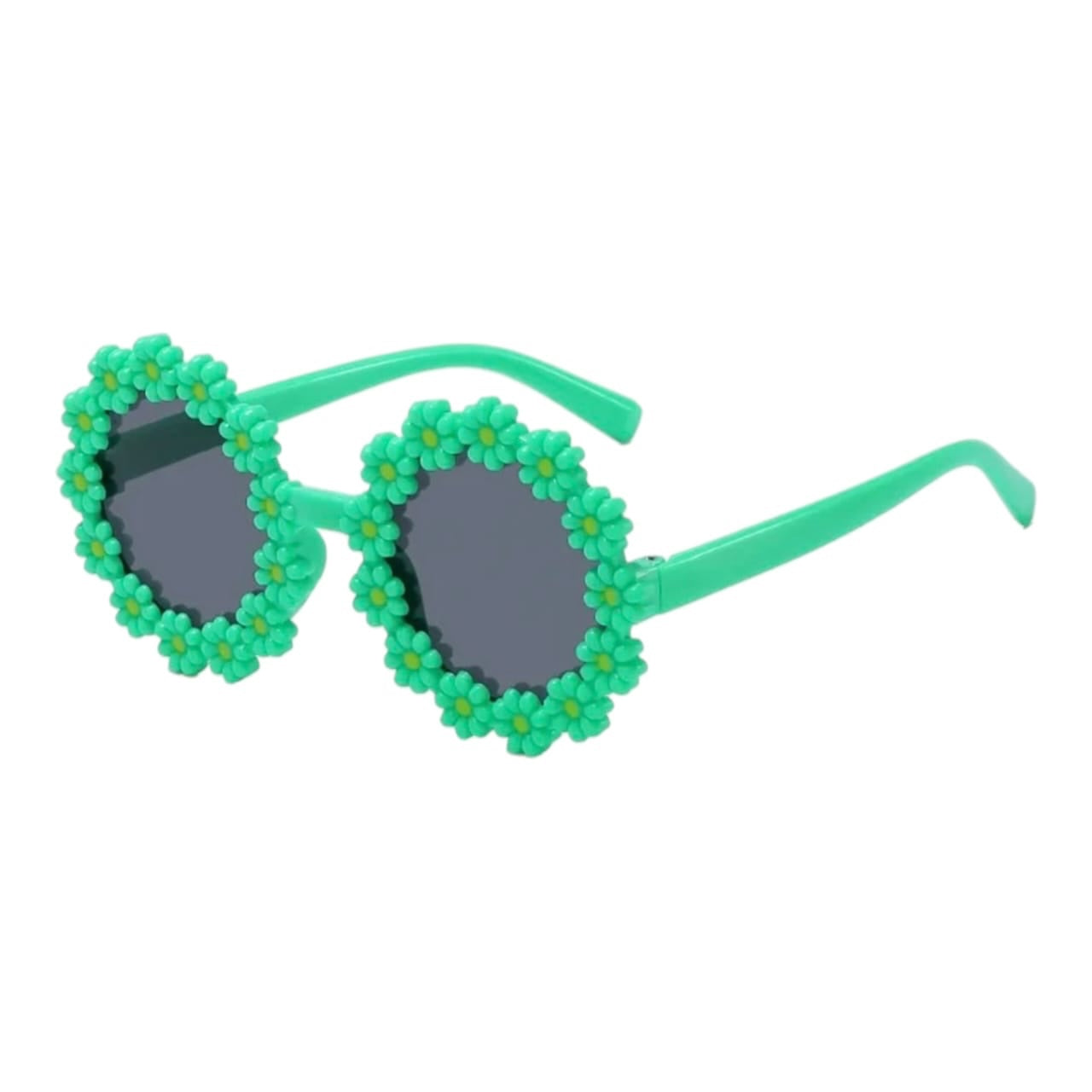 Gafas de sol infantiles Acüchichi de color verde menta con marco decorado con flores tipo margarita en relieve.