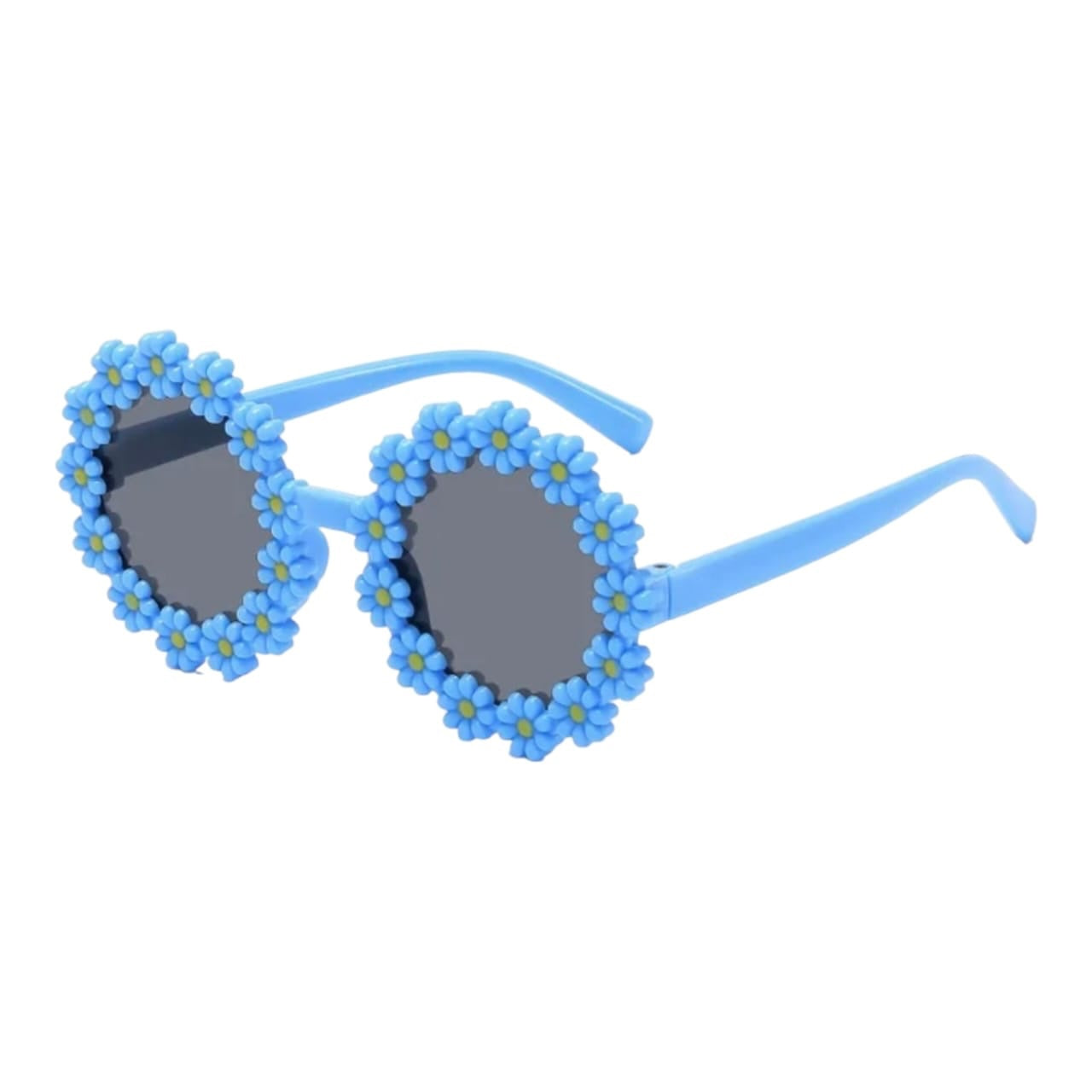 Gafas de sol infantiles Acüchichi de color azul claro con diseño de margaritas en relieve alrededor de los cristales