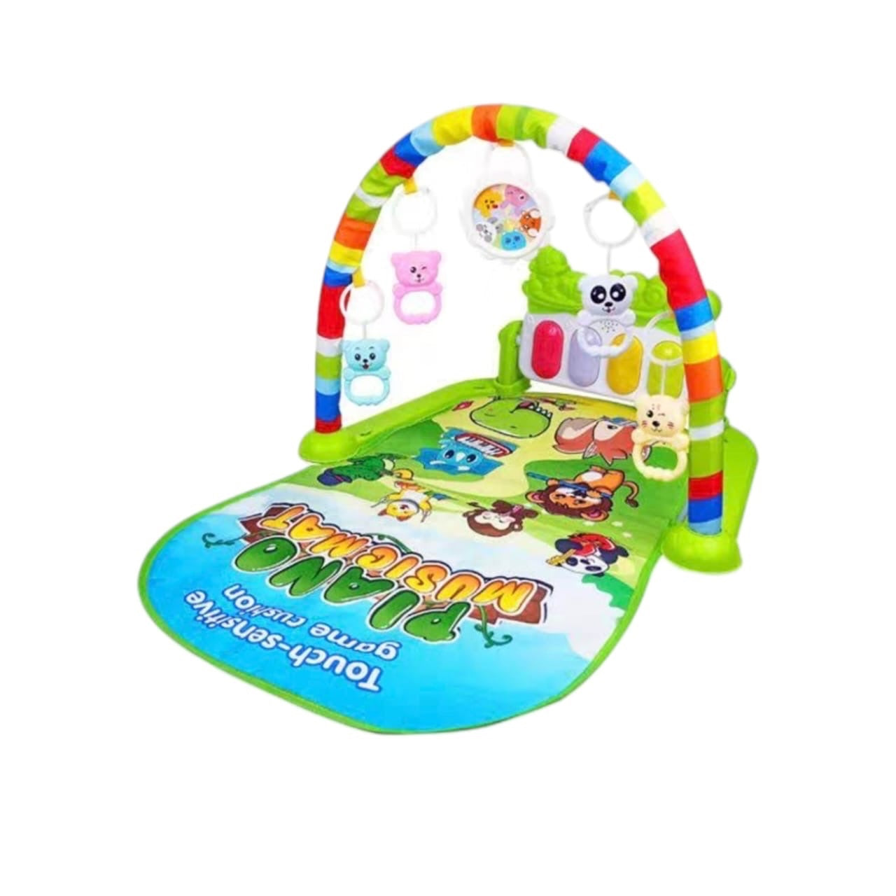Gimnasio musical Acüchichi para bebés con alfombra colorida, arco de juegos y piano táctil interactivo con figuras.