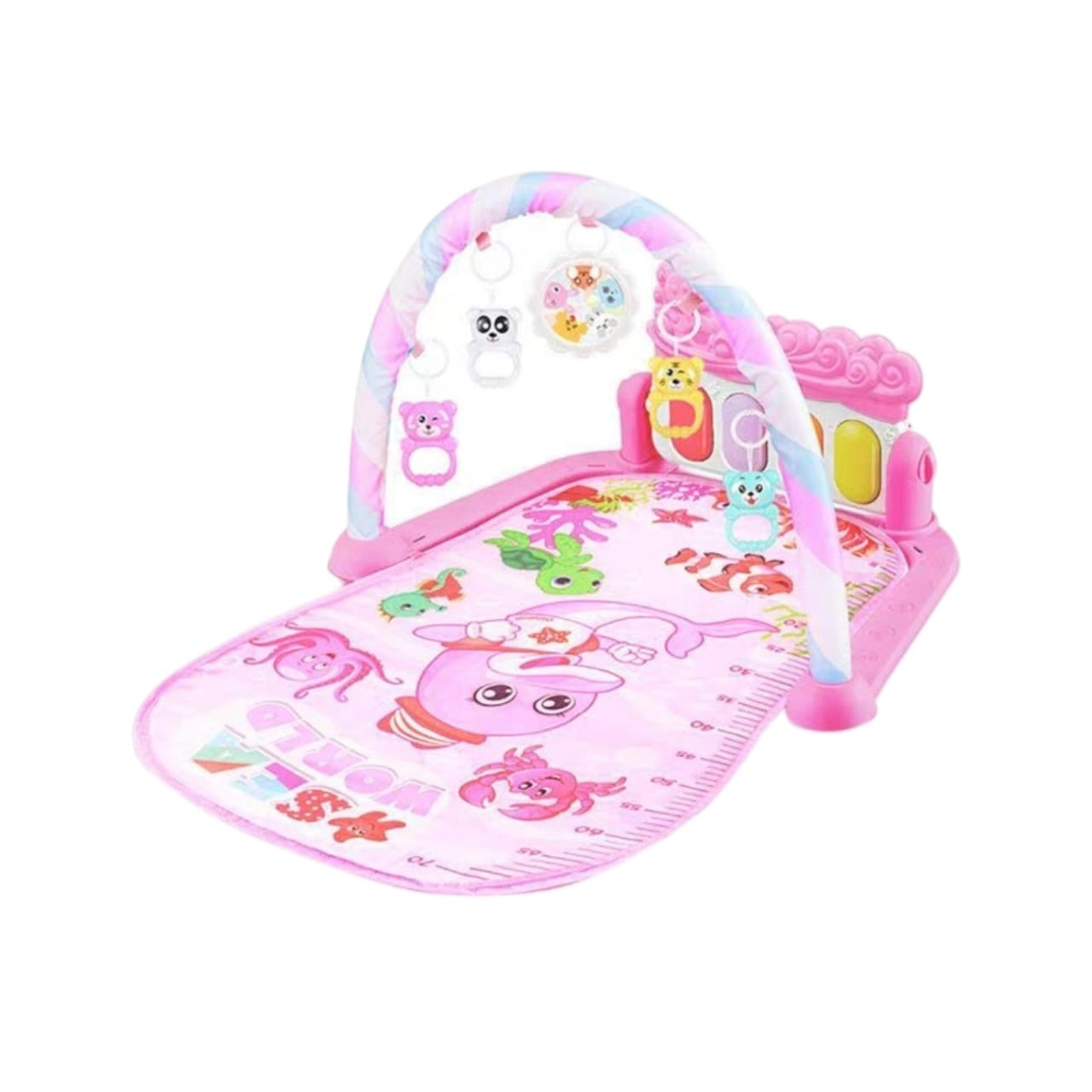 Gimnasio musical Acüchichi rosa para bebés con piano, arco de juegos, sonajeros colgantes y regla de crecimiento.