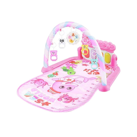 Gimnasio musical Acüchichi rosa para bebés con piano, arco de juegos, sonajeros colgantes y regla de crecimiento.