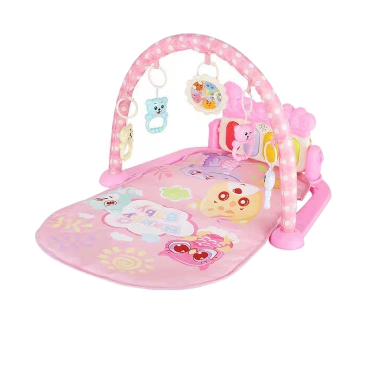 Gimnasio musical interactivo Acüchichi para bebés en color rosa con piano, arco de juegos y juguetes colgantes.