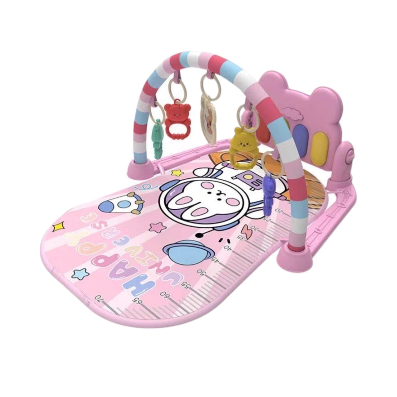 Gimnasio musical Acüchichi rosa para bebés con piano, arco de juegos, sonajeros colgantes y regla de crecimiento.