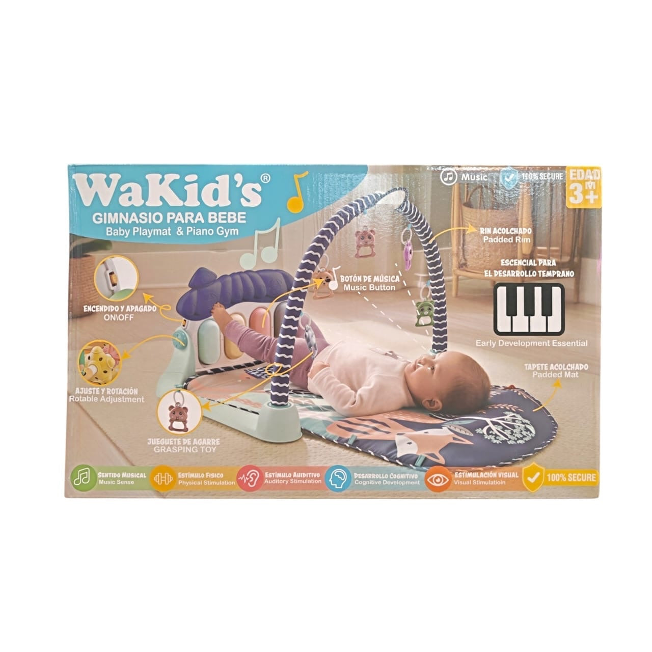 Empaque del gimnasio musical para bebés WaKid's de Acüchichi con tapete acolchado, piano interactivo y arco de juegos