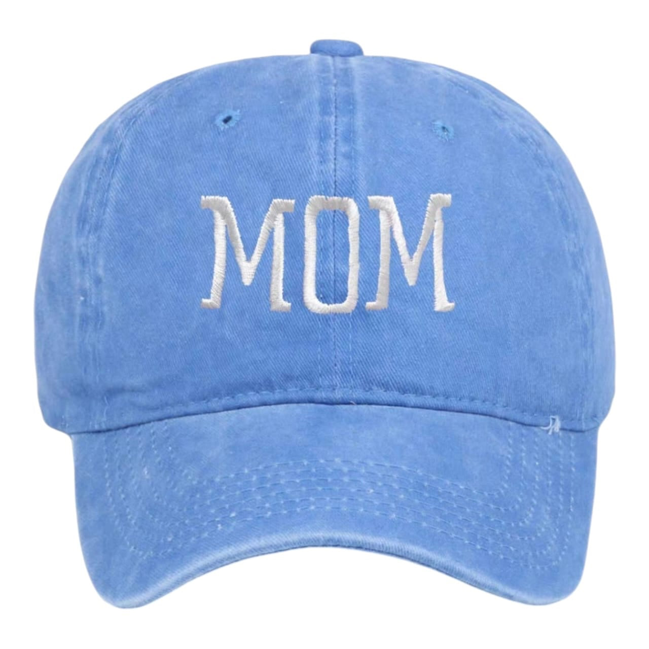 Gorra Acüchichi estilo dad hat azul de algodón con bordado MOM y acabado vintage desgastado