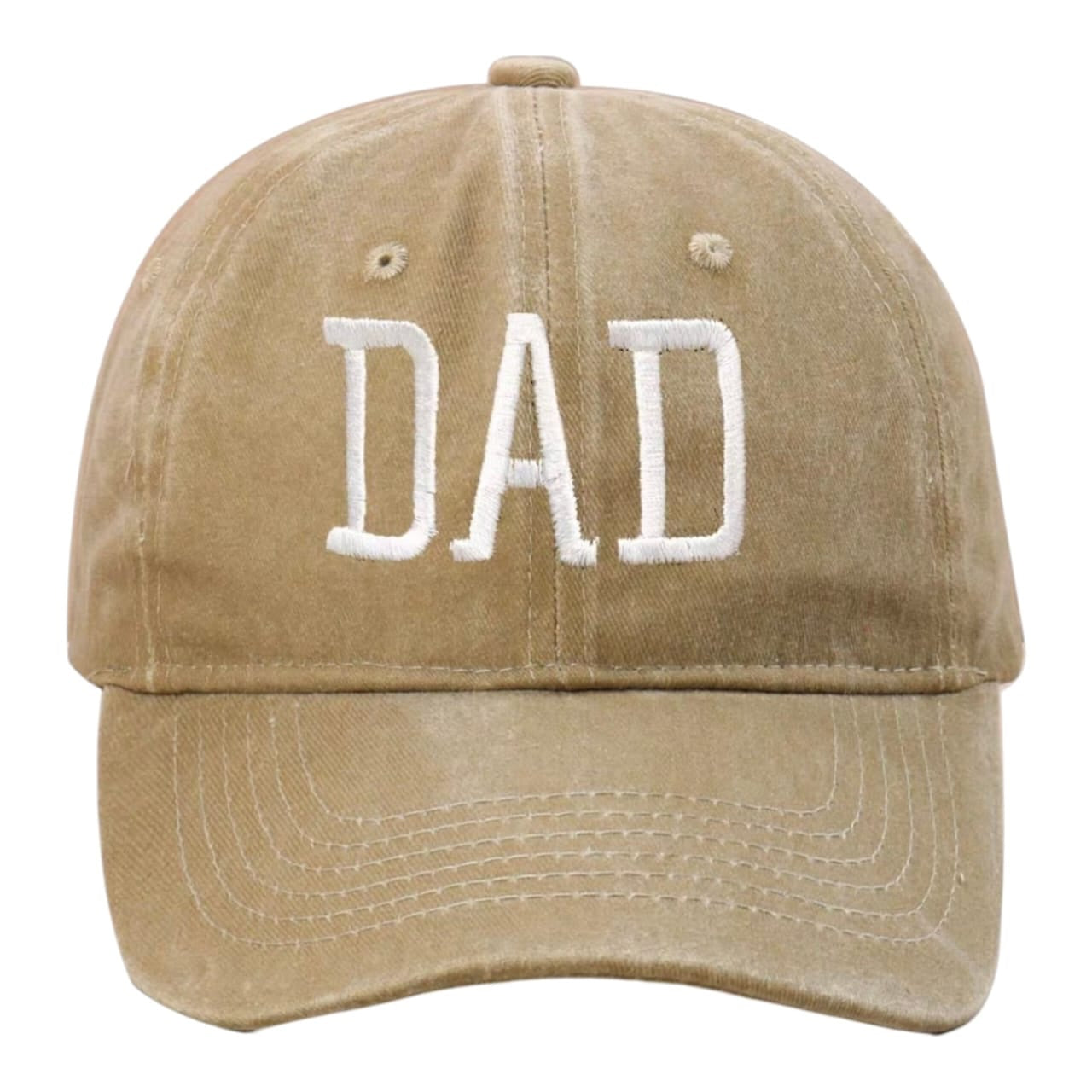 Gorra Acüchichi estilo dad hat color beige con efecto desgastado y bordado DAD en blanco en la parte frontal
