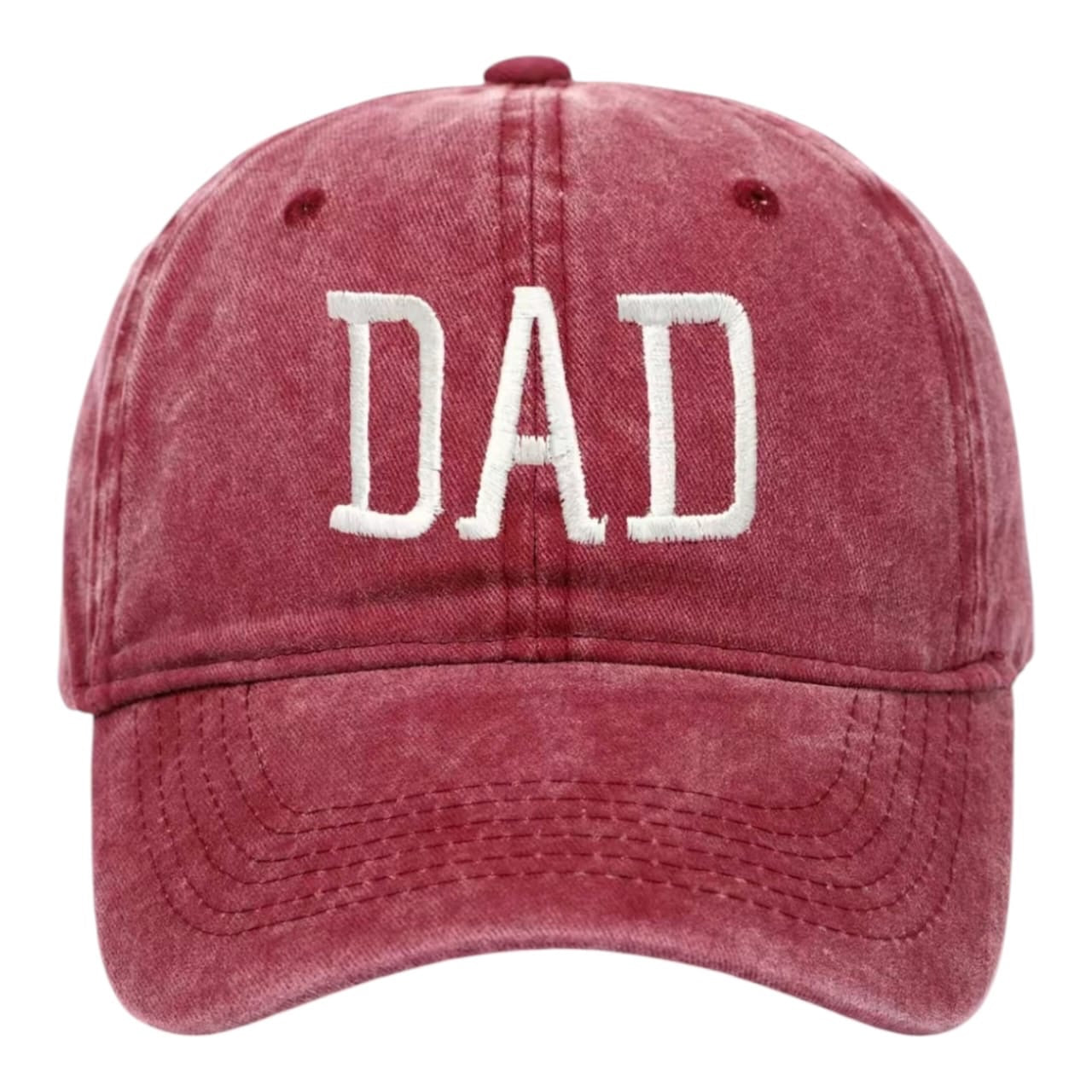 Gorra de béisbol Acüchichi estilo dad hat color rojo vino con efecto desgastado y bordado blanco DAD al frente