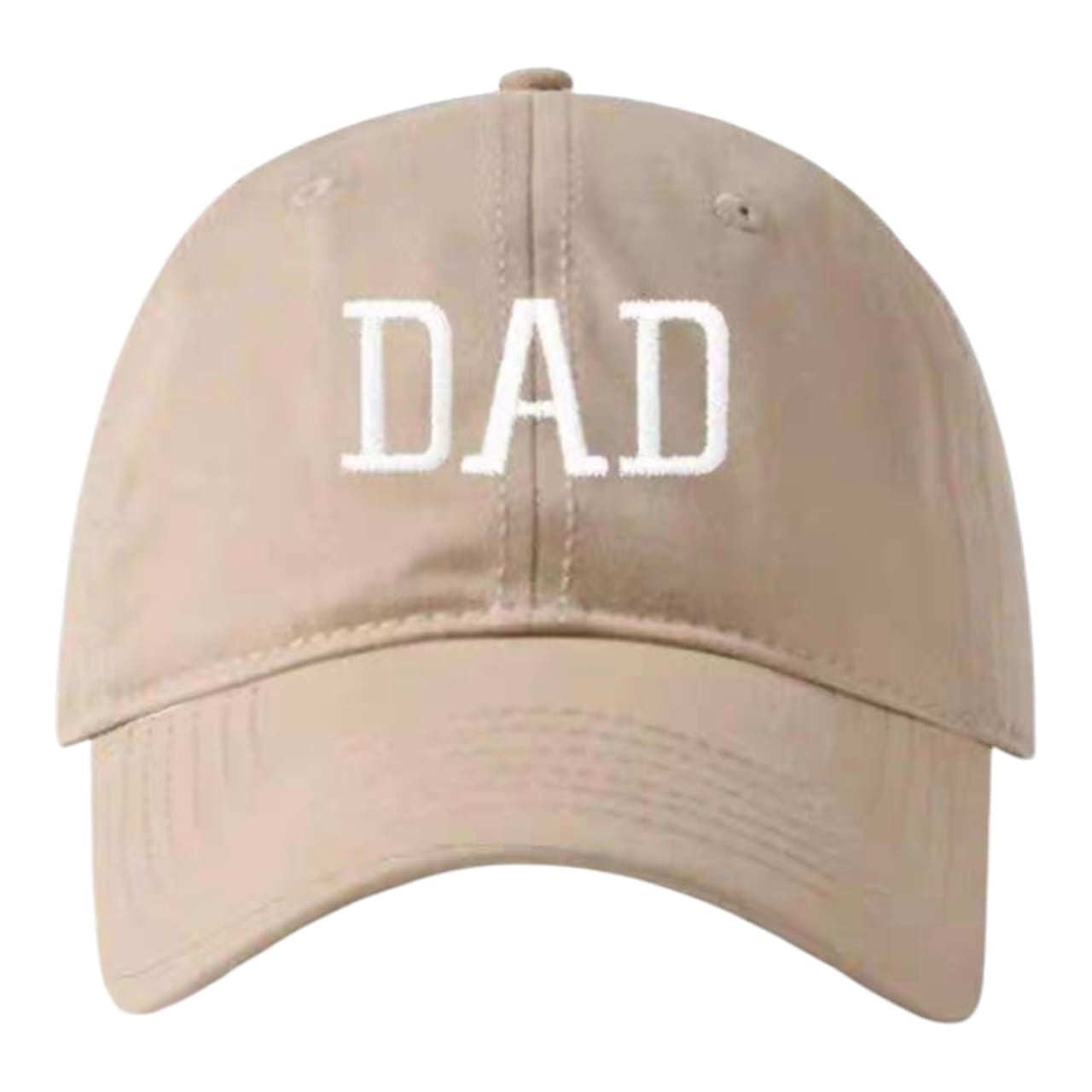 Gorra Acüchichi estilo dad hat color beige con bordado frontal DAD en blanco, diseño casual y ajustable.