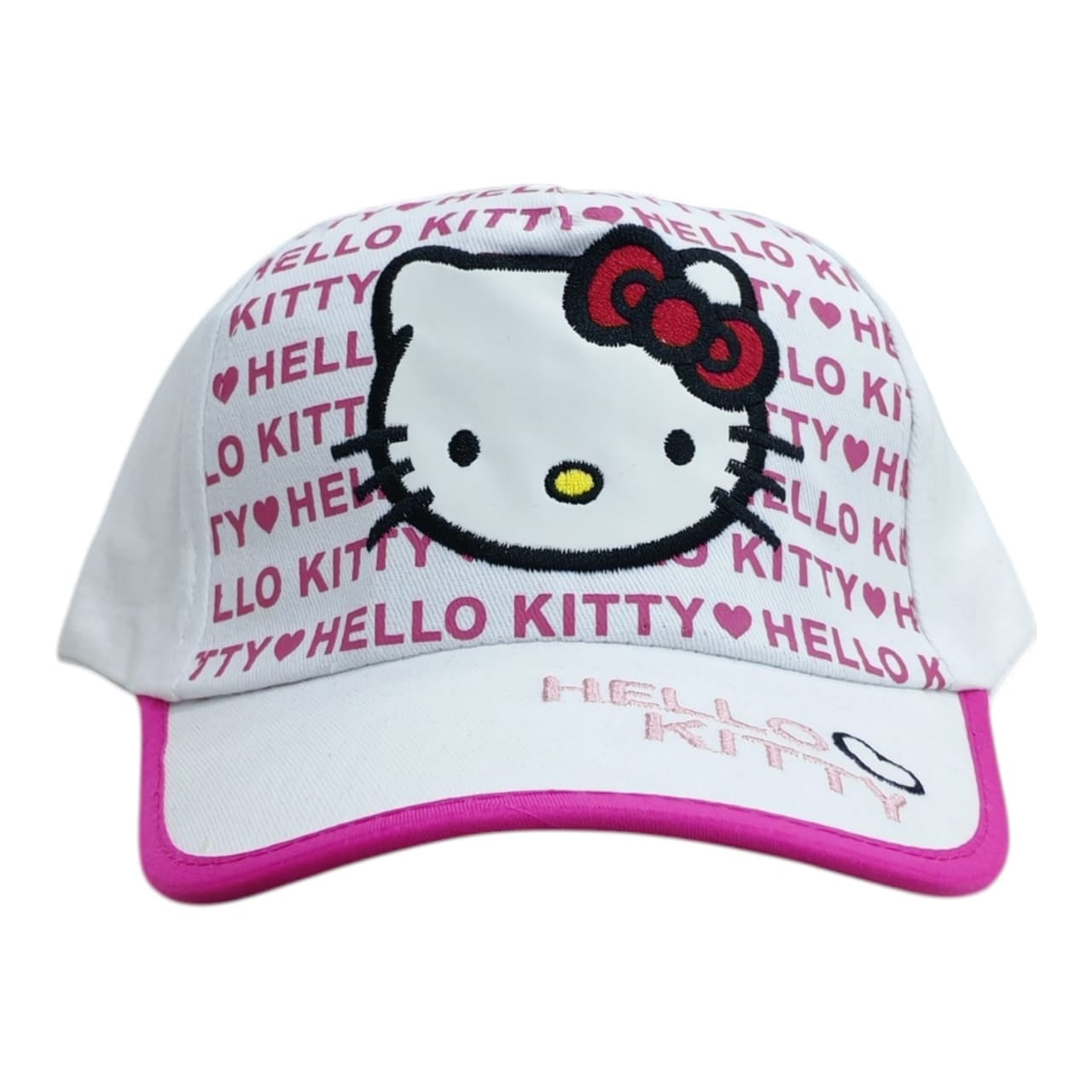 Gorra Acüchichi de Hello Kitty blanca con estampado de corazones y letras rosas, visera curva y bordado frontal.