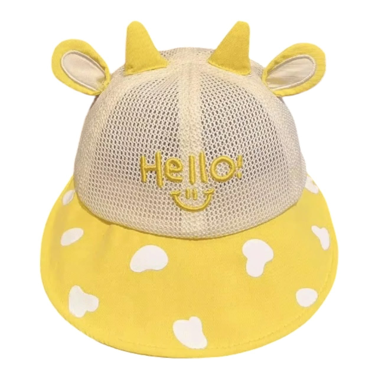 Gorra infantil Acüchichi amarilla con orejas, cuernos, malla transpirable y bordado Hello en el frente