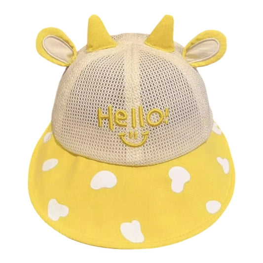 Gorra infantil Acüchichi amarilla con orejas, cuernos, malla transpirable y bordado Hello en el frente