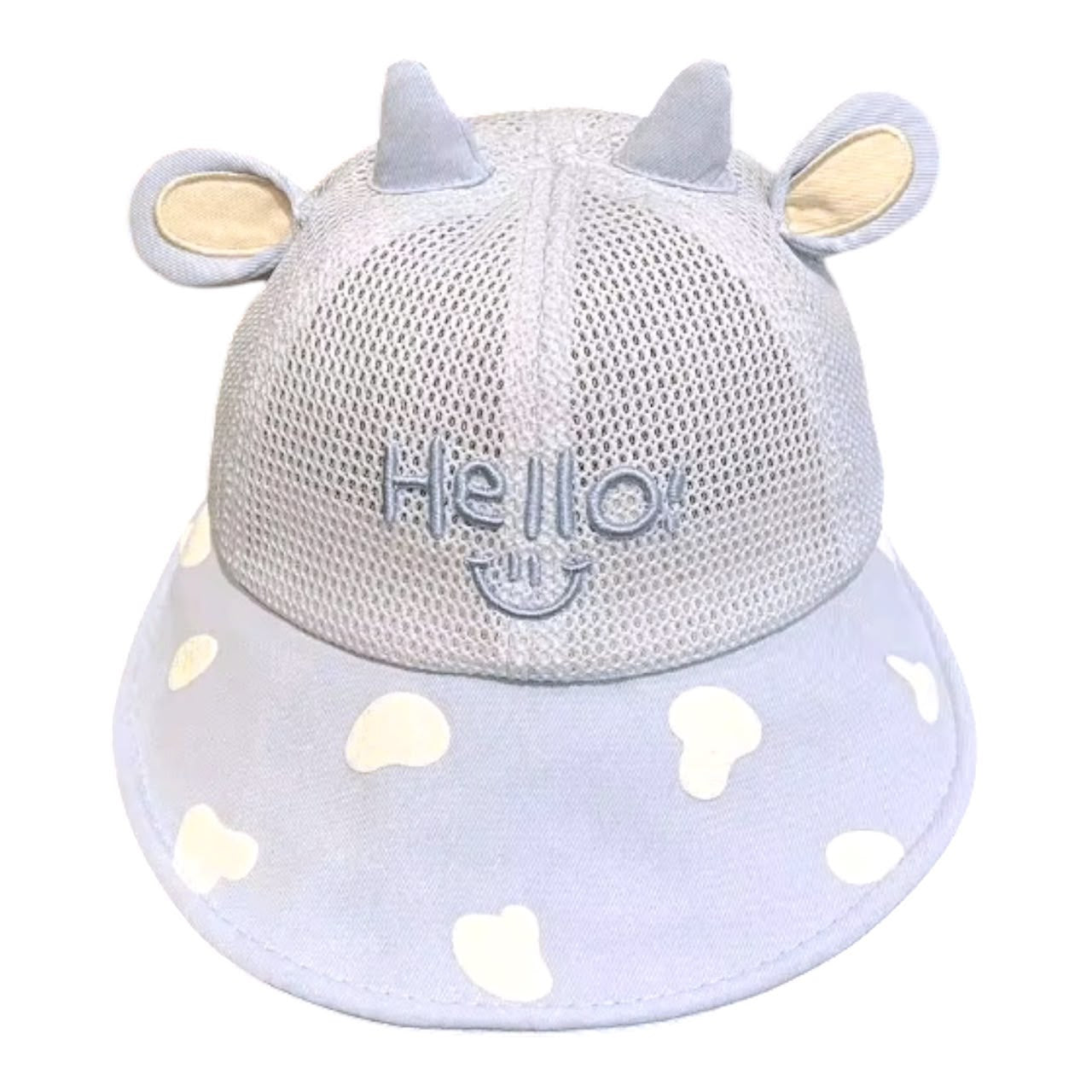 Gorra infantil Acüchichi azul claro con orejas, cuernos, malla transpirable y estampado de manchas en el ala