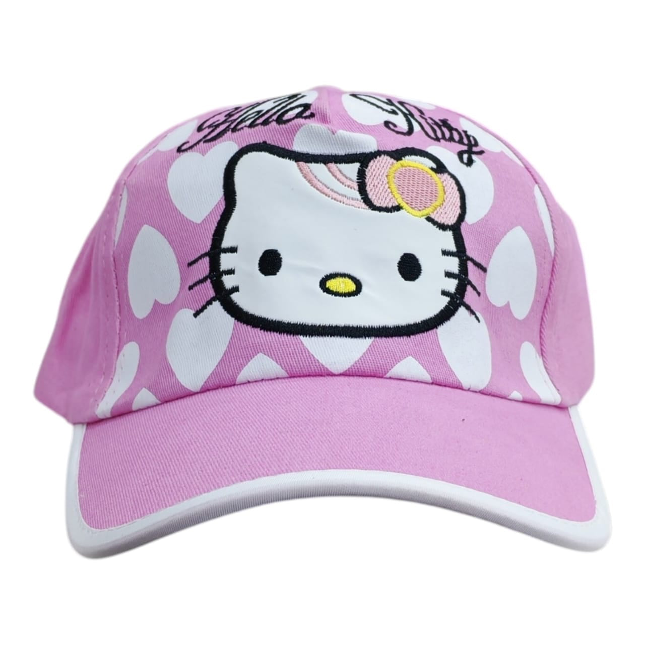 Gorra infantil Acüchichi rosa con estampado de corazones blancos y bordado frontal de Hello Kitty con visera curva