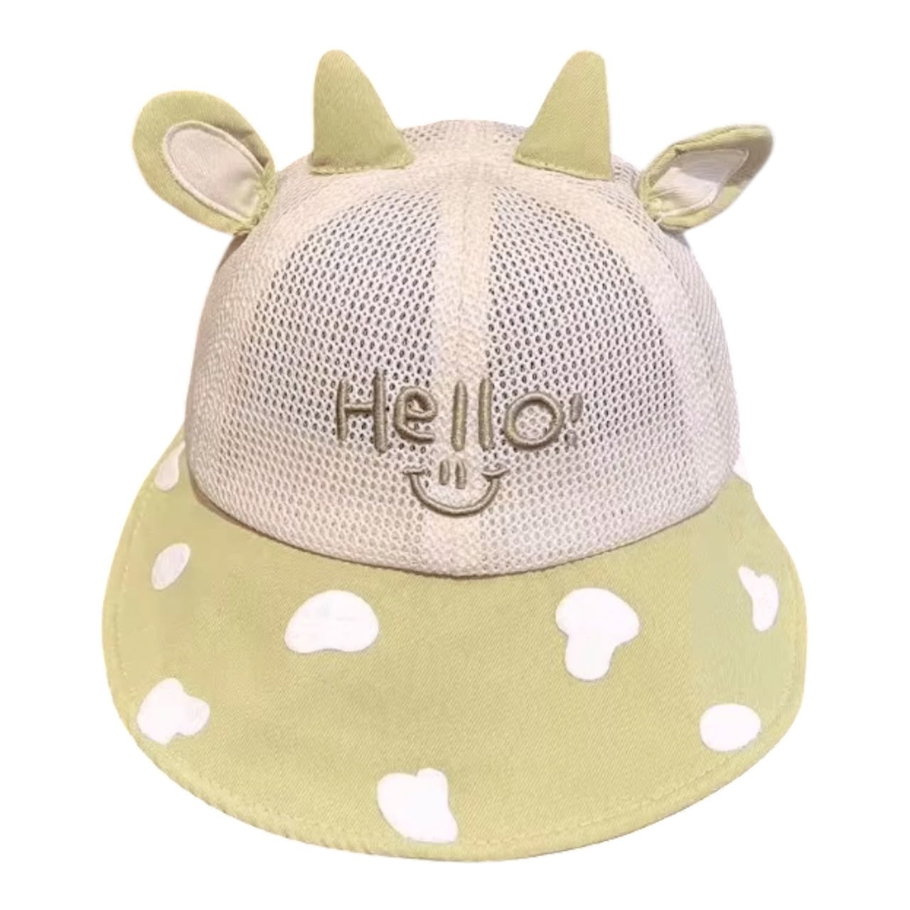 Gorra infantil Acüchichi color verde con orejas, cuernos, malla transpirable y bordado Hello en el frente